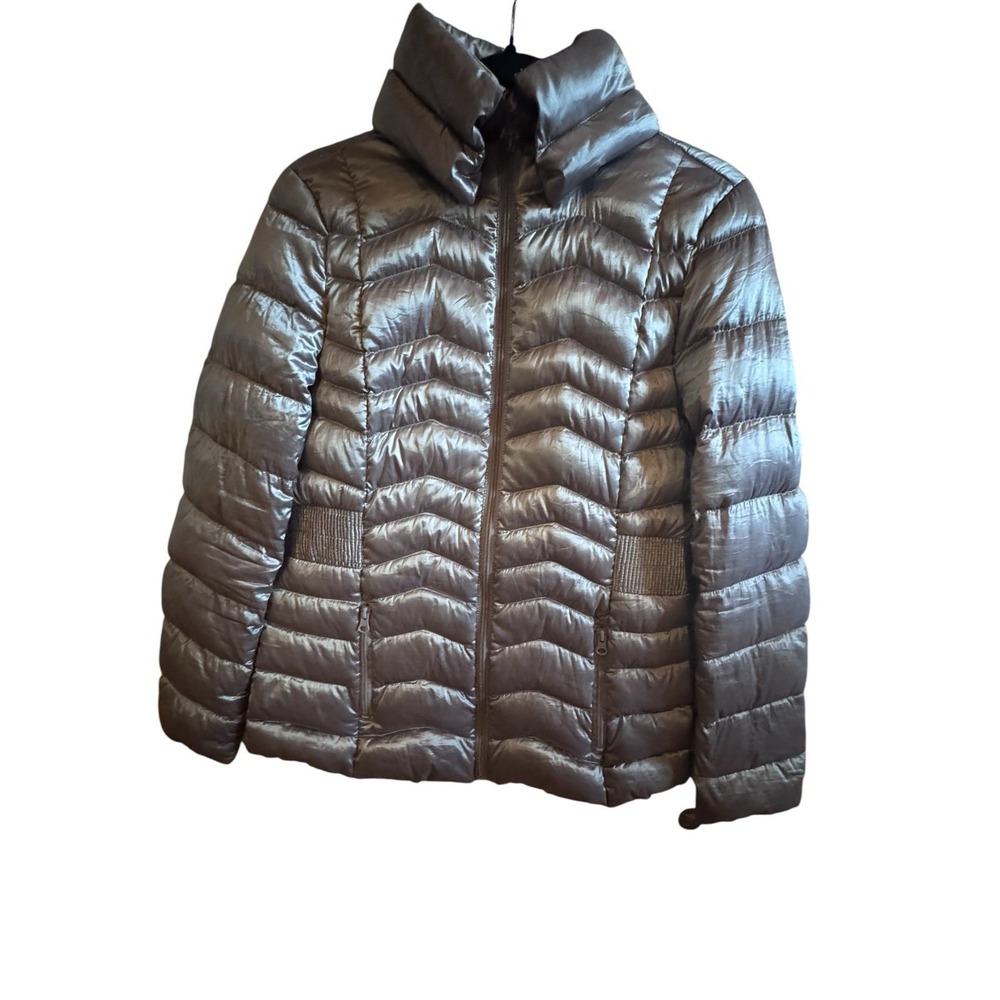 A.N.A. Packable Down Puffer Hooded Jacket Women's Small Taupe Metallic Quilting